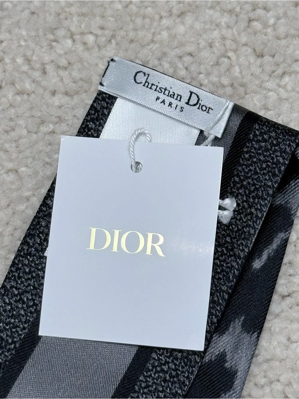 Dior Black and Gray Leopard-Print Twilly Scarf